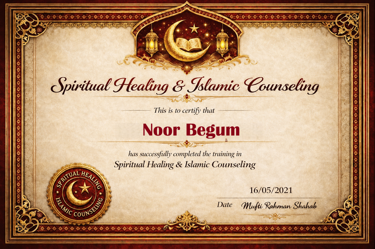 Noor Begum Certificate
