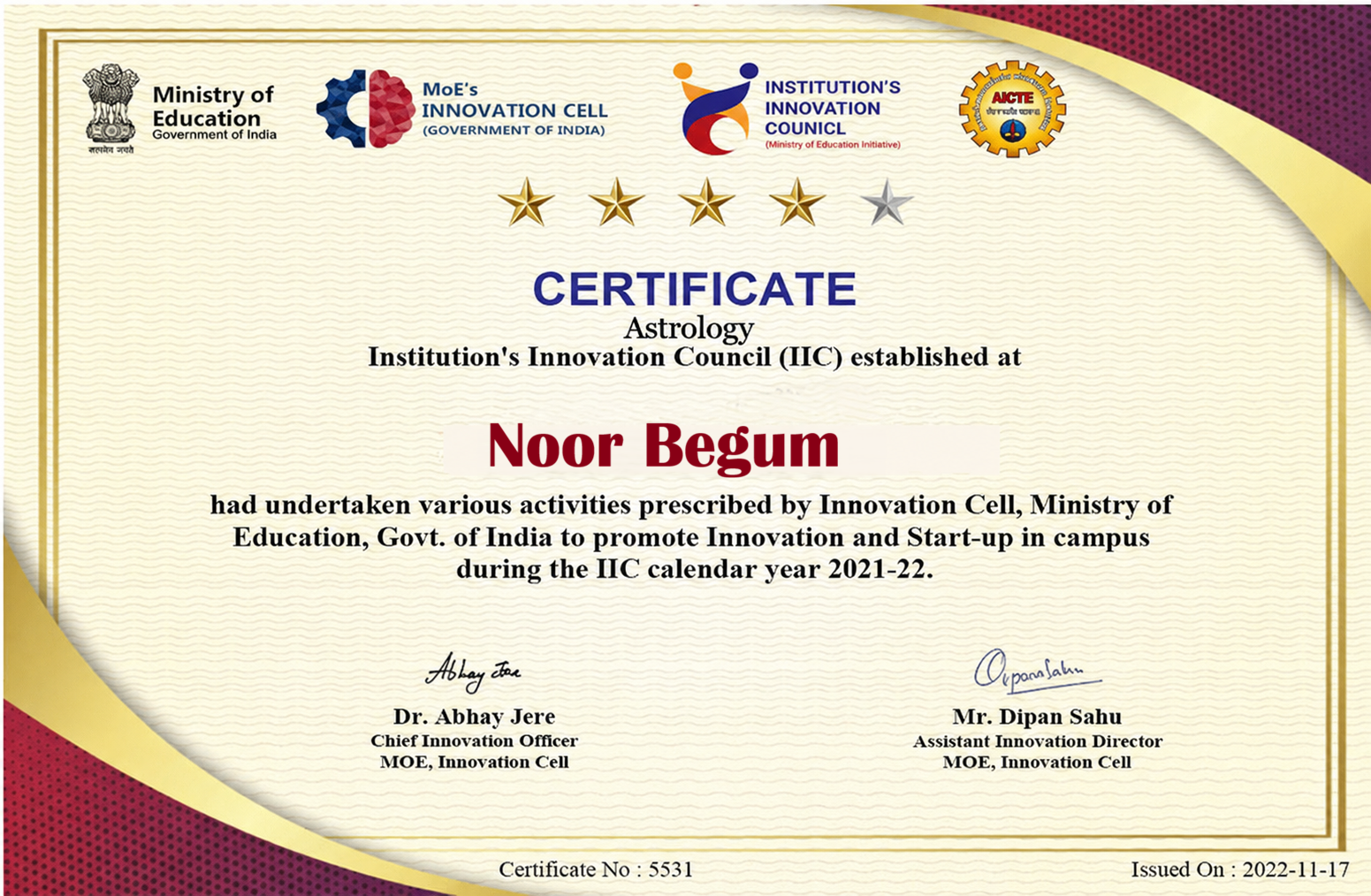 Noor Begum Certificate