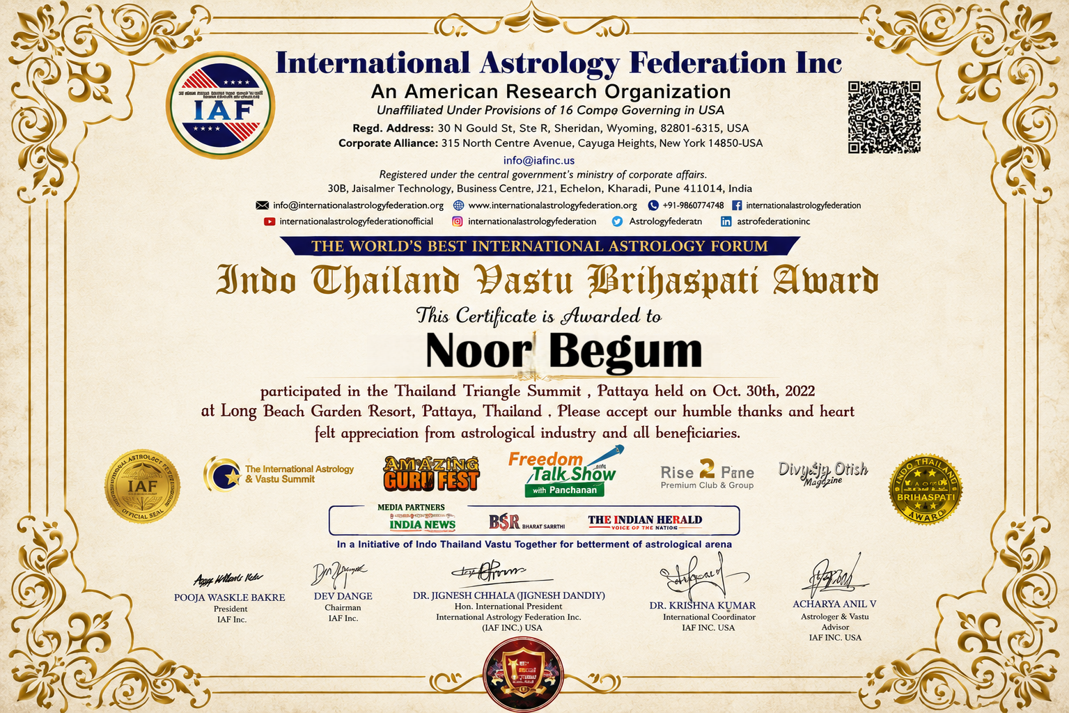 Noor Begum Certificate